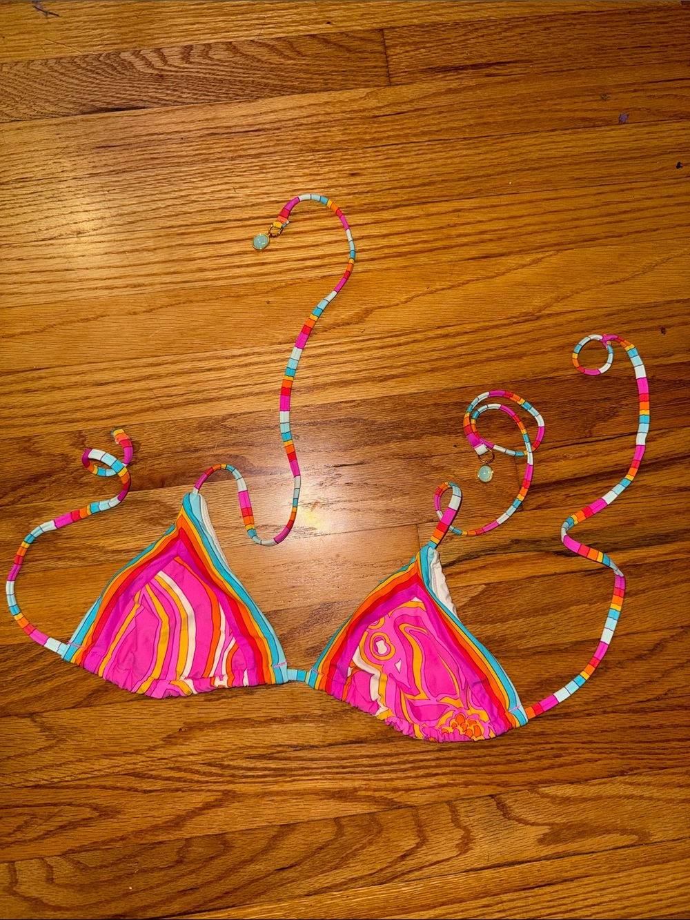 Vintage Inspired Pink Multicolor Triangle Bikini Top String Medium NWOT